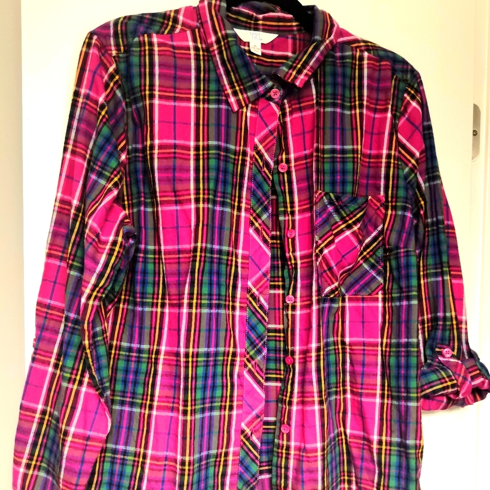 XL Time & Tru Button Up Plaid Utility Flannel Top